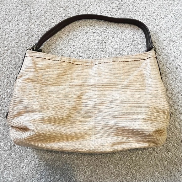 Fossil Coated Woven Canvas Shoulder Handbag Spring Fall Tan Leather Snap Key - Picture 6 of 11